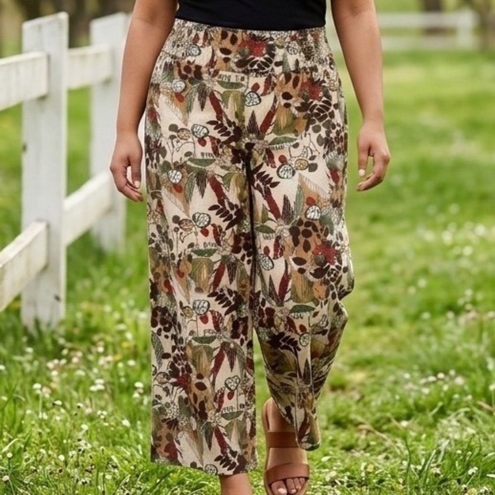 Cato Womens 22/24W Tropical Botanical Linen Blend Wide Leg Smocked Pants Hi-Rise